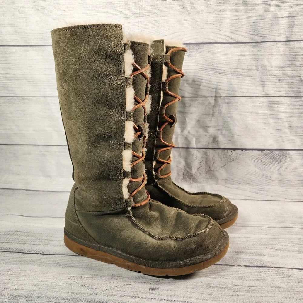 UGG Australia Whitley Womens 6 Tall Boots Olive Green Suede Shearling Trim